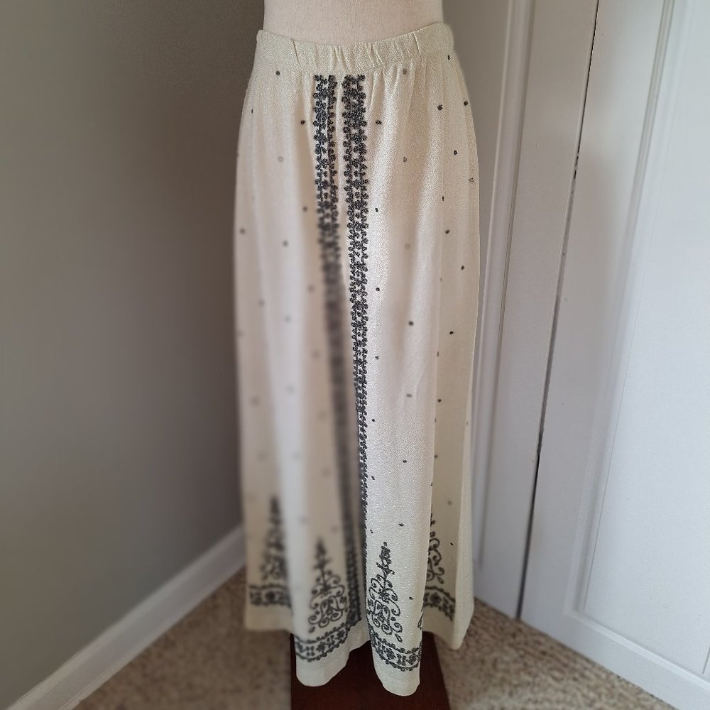 Full Length Fancy Skirt Vintage White Sparkly with Dark Gray Seed Beads